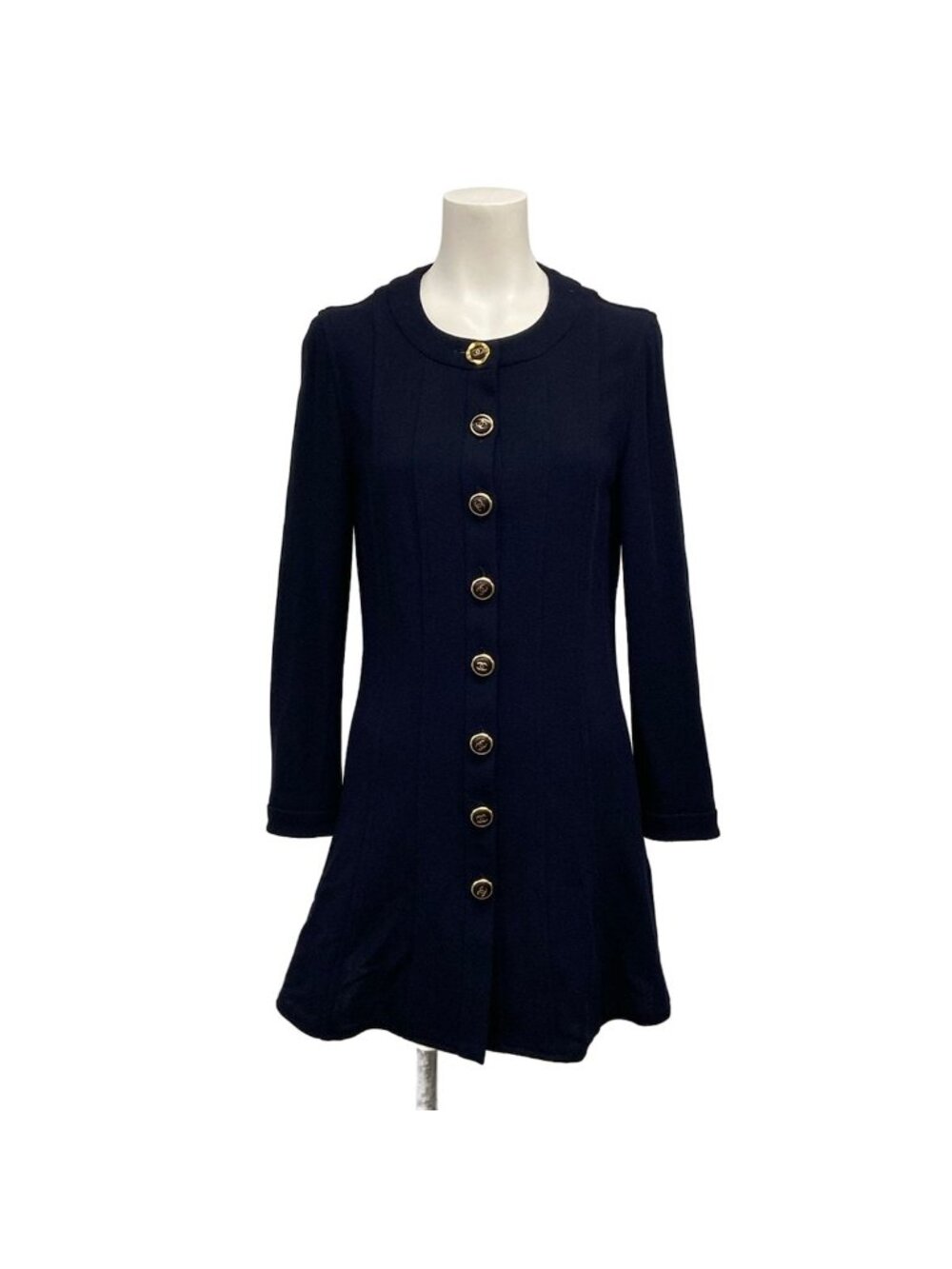 Chanel Cardigan Navy Long Sleeve Crew Neck Gold Wool